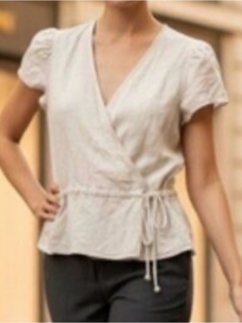 Cloth & Stone Linen Cream Wrap-Style Short Sleeve Top